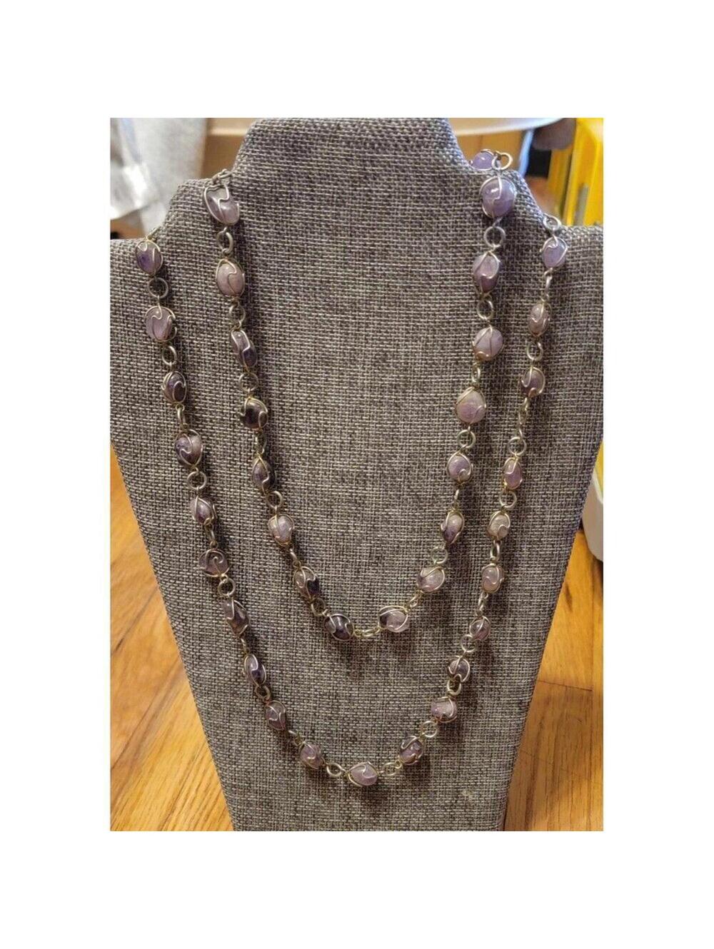 Long Silver Wire Caged Amethyst Necklace / 58" long
